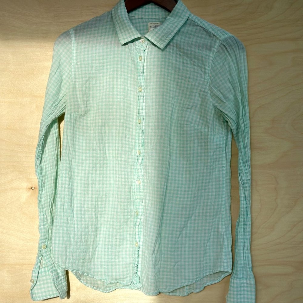 J. Crew The Perfect Shirt Green & White Gingham Checkered Button Down Size S